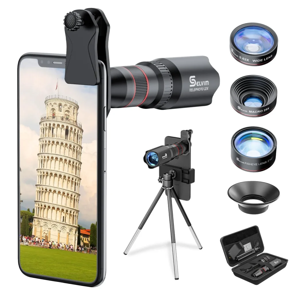 Selvim Kit Camera Lenses – Complete set of smartphone lenses with macro, wide-angle, fisheye, and telephoto lenses for enhanced mobile photography