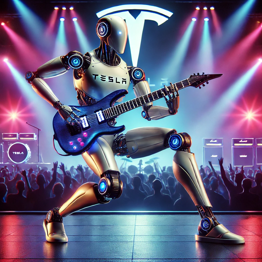 Robot performing on stage with an electric guitar, entertaining a live audience.