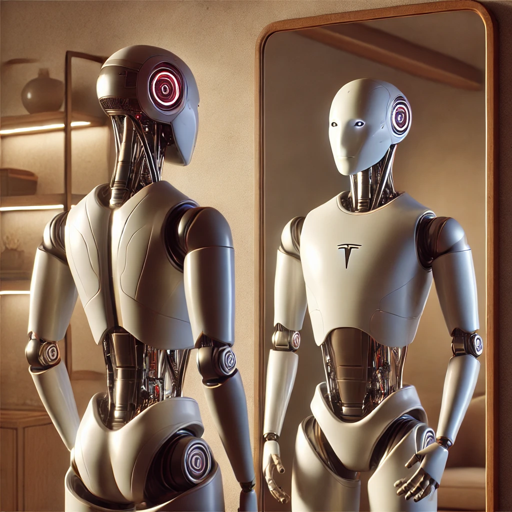 Robot staring at its reflection in the mirror, looking surprised