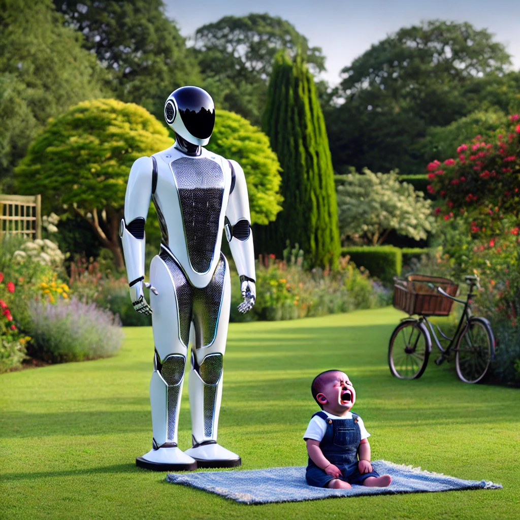 Tesla robot  standing still, watching a crying child