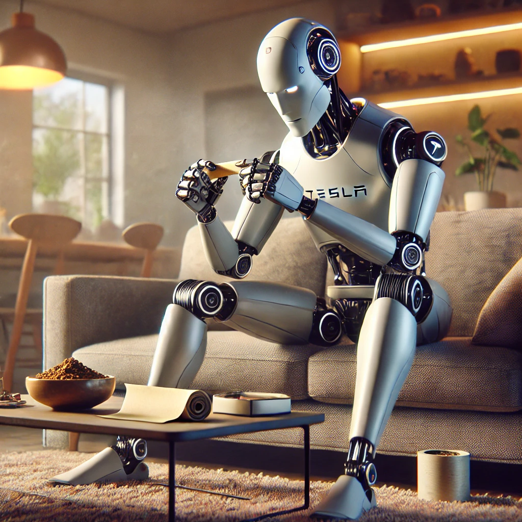 Robot sitting in a living room, struggling to roll a cigarette.