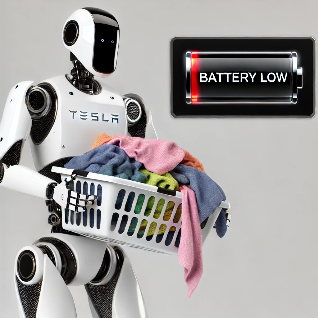 Tesla Optimus holding laundry with a low battery, illustrating the limits of robotic autonomy